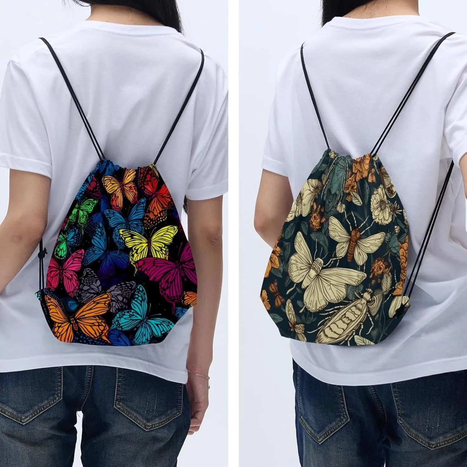 2 Pcs Butterfly Drawstring Backpack String Bag Sports Sack pack Gym Sack Side Pocket for Men Women