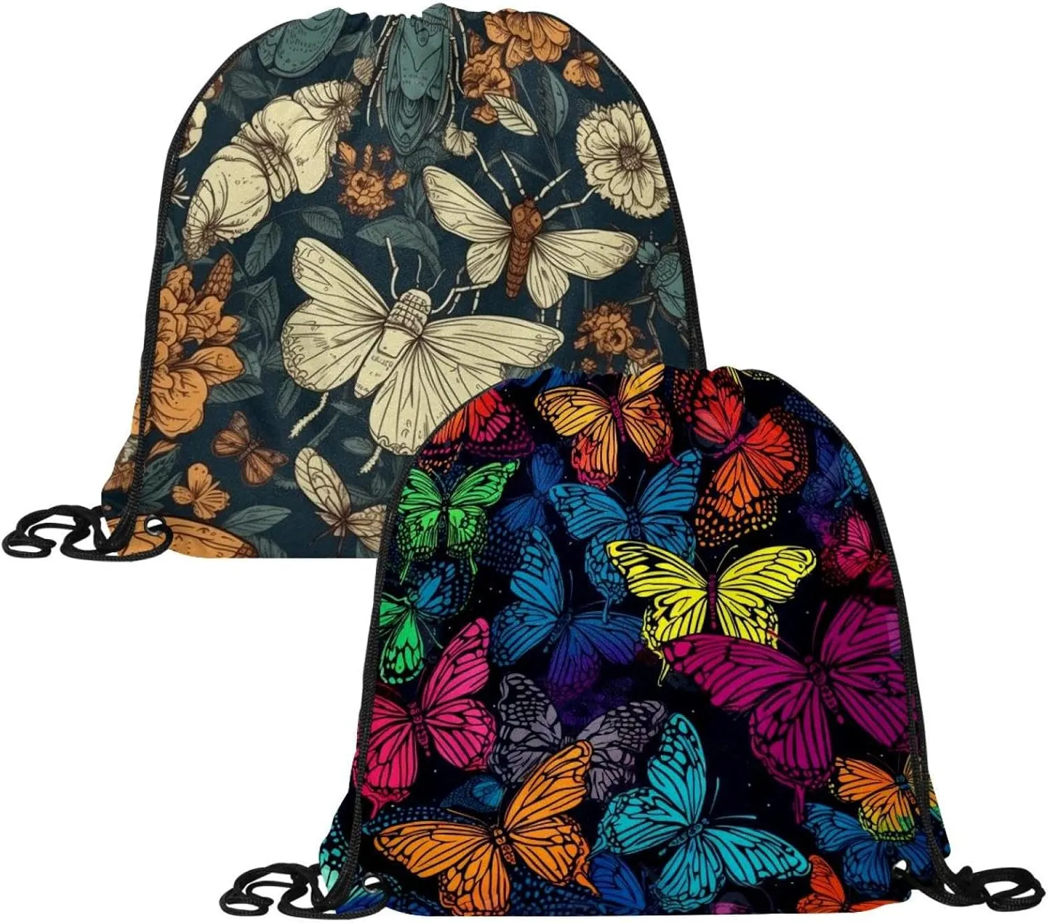2 Pcs Butterfly Drawstring Backpack String Bag Sports Sack pack Gym Sack Side Pocket for Men Women