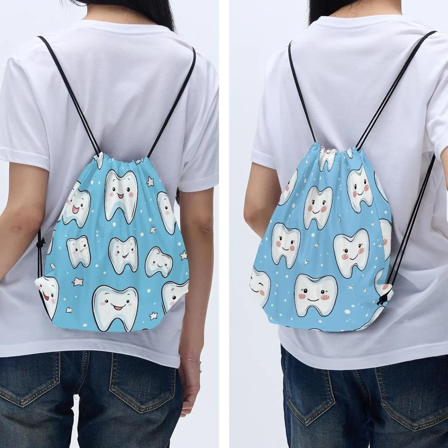 2 Pcs Cute Teeth Drawstring Backpack String Bag Sports Sack pack Gym Sack Side Pocket for Men Women