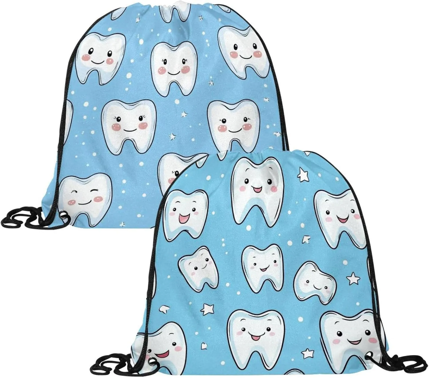 2 Pcs Cute Teeth Drawstring Backpack String Bag Sports Sack pack Gym Sack Side Pocket for Men Women