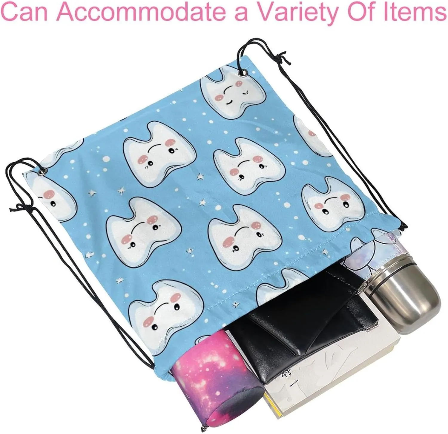 2 Pcs Cute Teeth Drawstring Backpack String Bag Sports Sack pack Gym Sack Side Pocket for Men Women