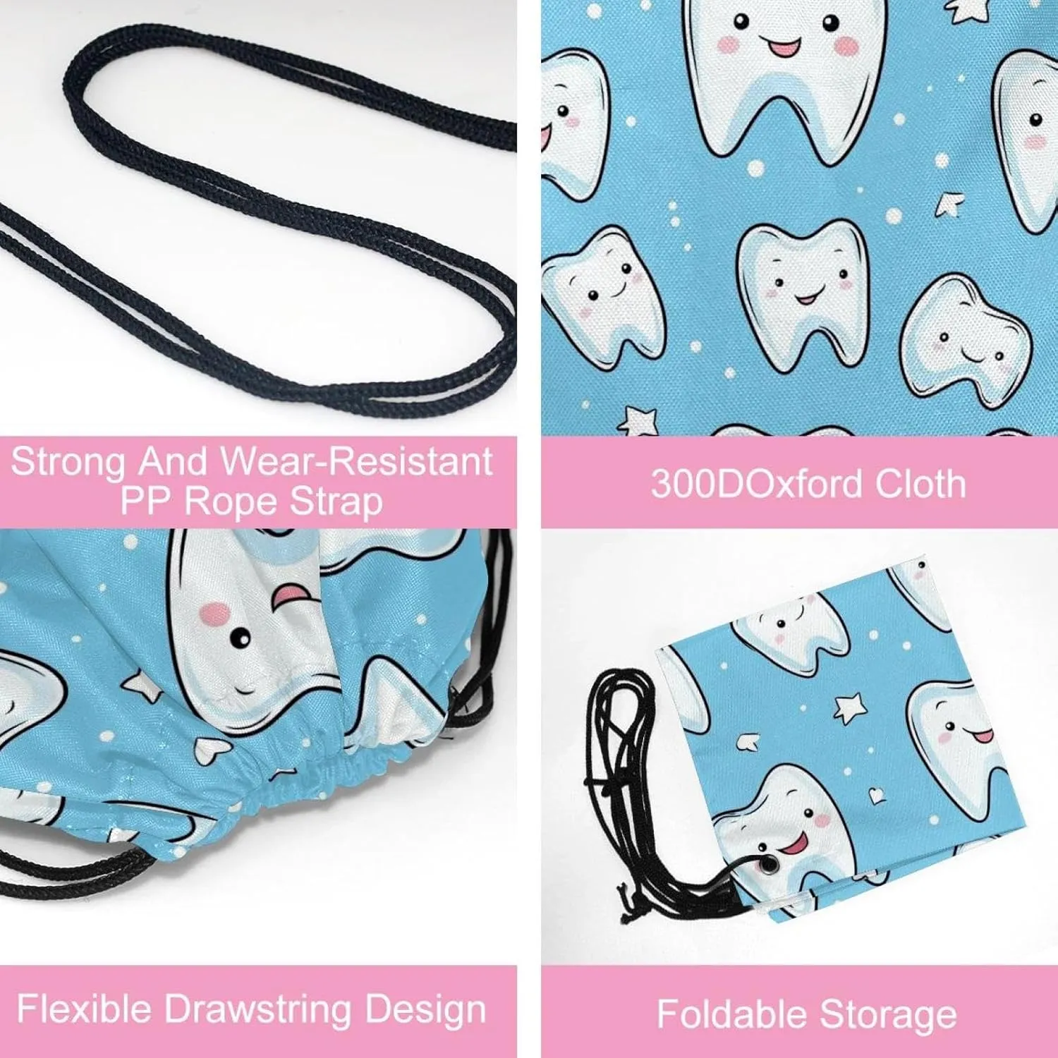 2 Pcs Cute Teeth Drawstring Backpack String Bag Sports Sack pack Gym Sack Side Pocket for Men Women