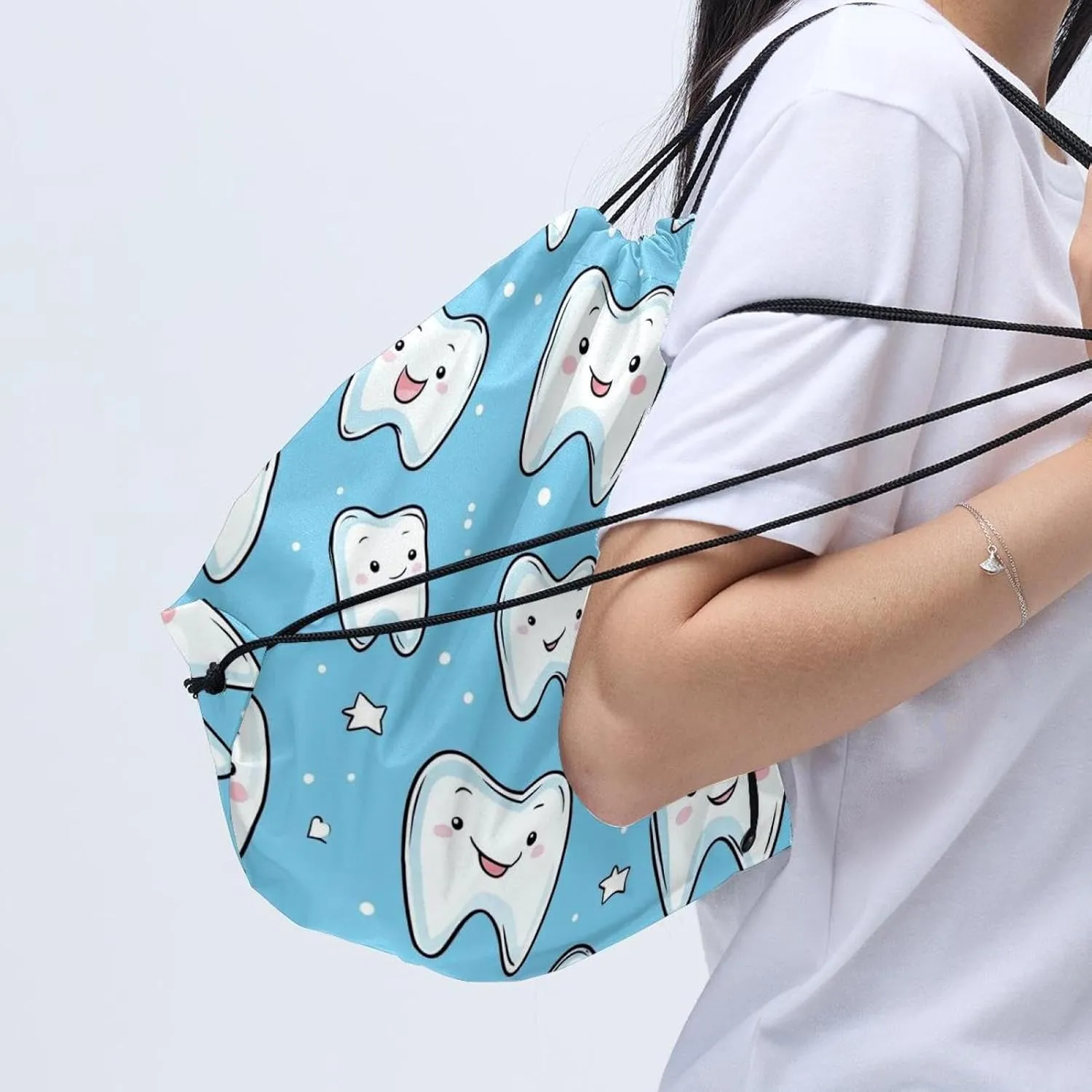 2 Pcs Cute Teeth Drawstring Backpack String Bag Sports Sack pack Gym Sack Side Pocket for Men Women