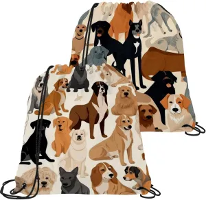 2 Pcs Different Breeds of Dog Drawstring Backpack Bag Sport Gym Sack pack