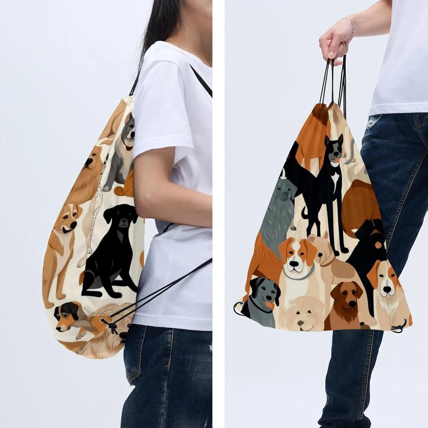2 Pcs Different Breeds of Dog Drawstring Backpack Bag Sport Gym Sack pack