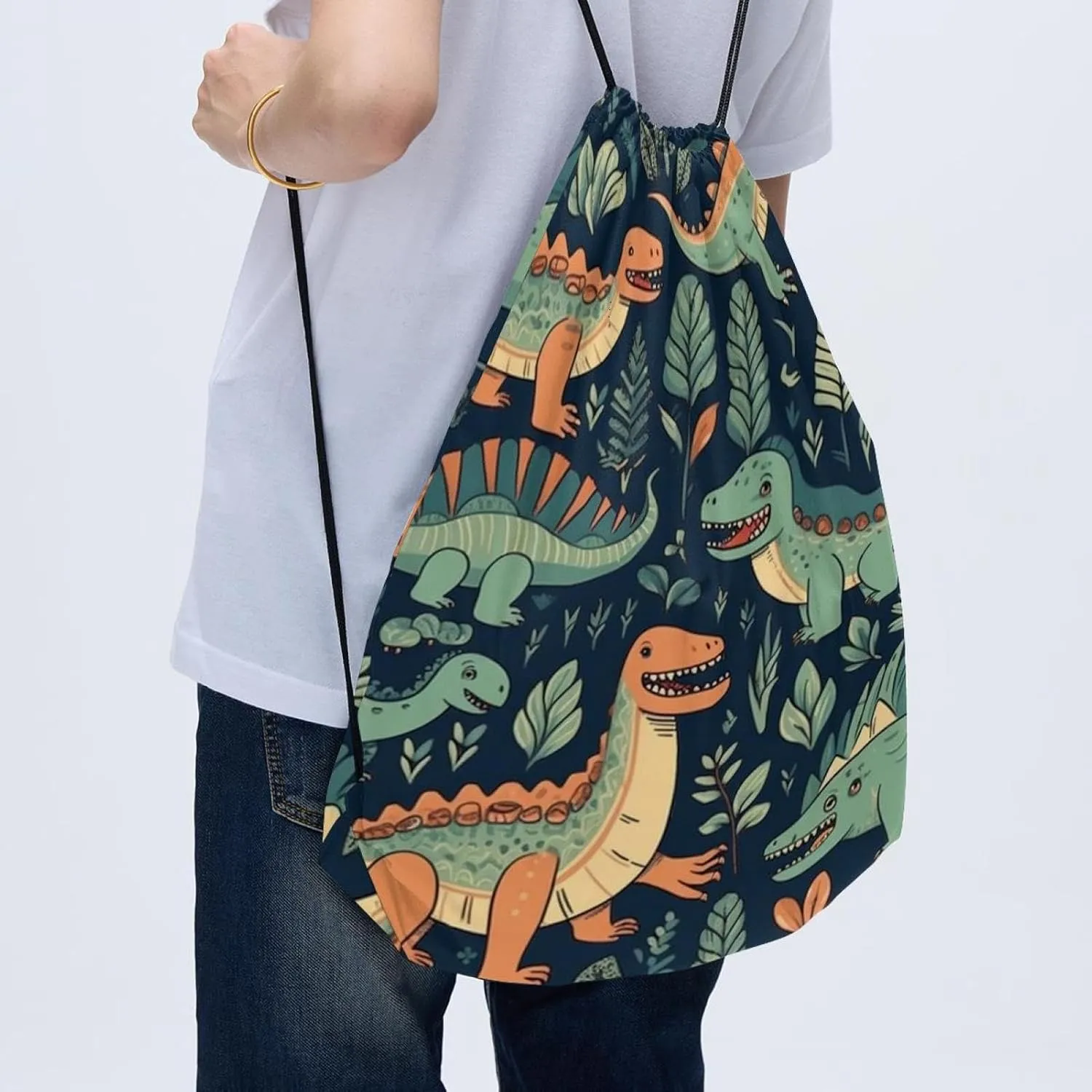 2 Pcs Dinosaur Drawstring Backpack String Bag Sports Sack pack Gym Sack Side Pocket for Men Women