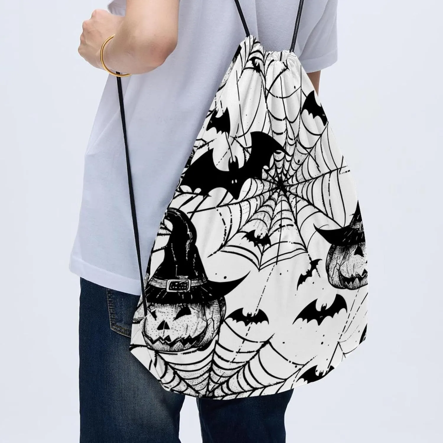 2 Pcs Orange Pumpkins Spider Webs Bats 1 Drawstring Backpack String Bag Sports Sack pack Gym Sack Side Pocket for Men Women