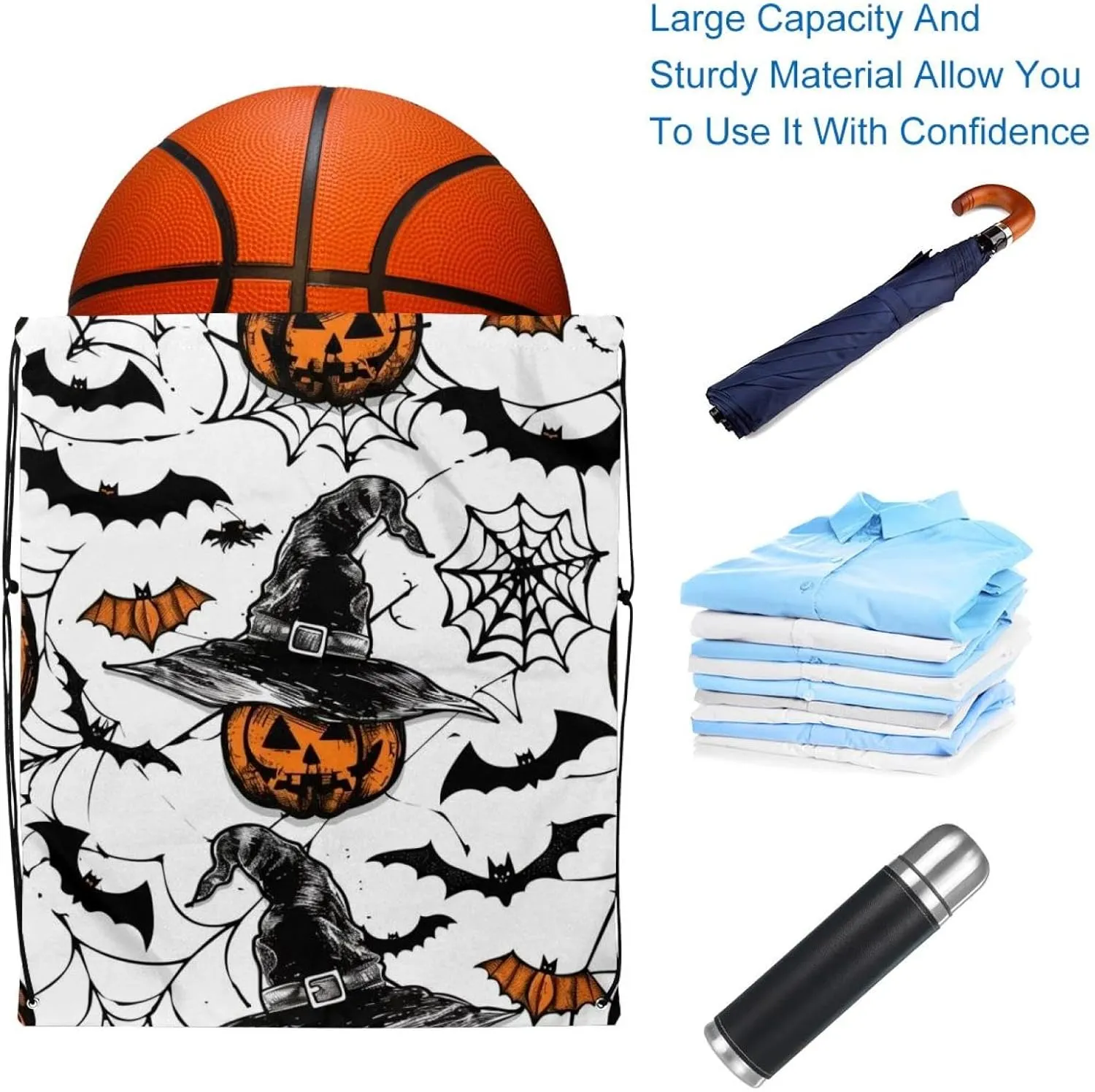 2 Pcs Orange Pumpkins Spider Webs Bats 1 Drawstring Backpack String Bag Sports Sack pack Gym Sack Side Pocket for Men Women