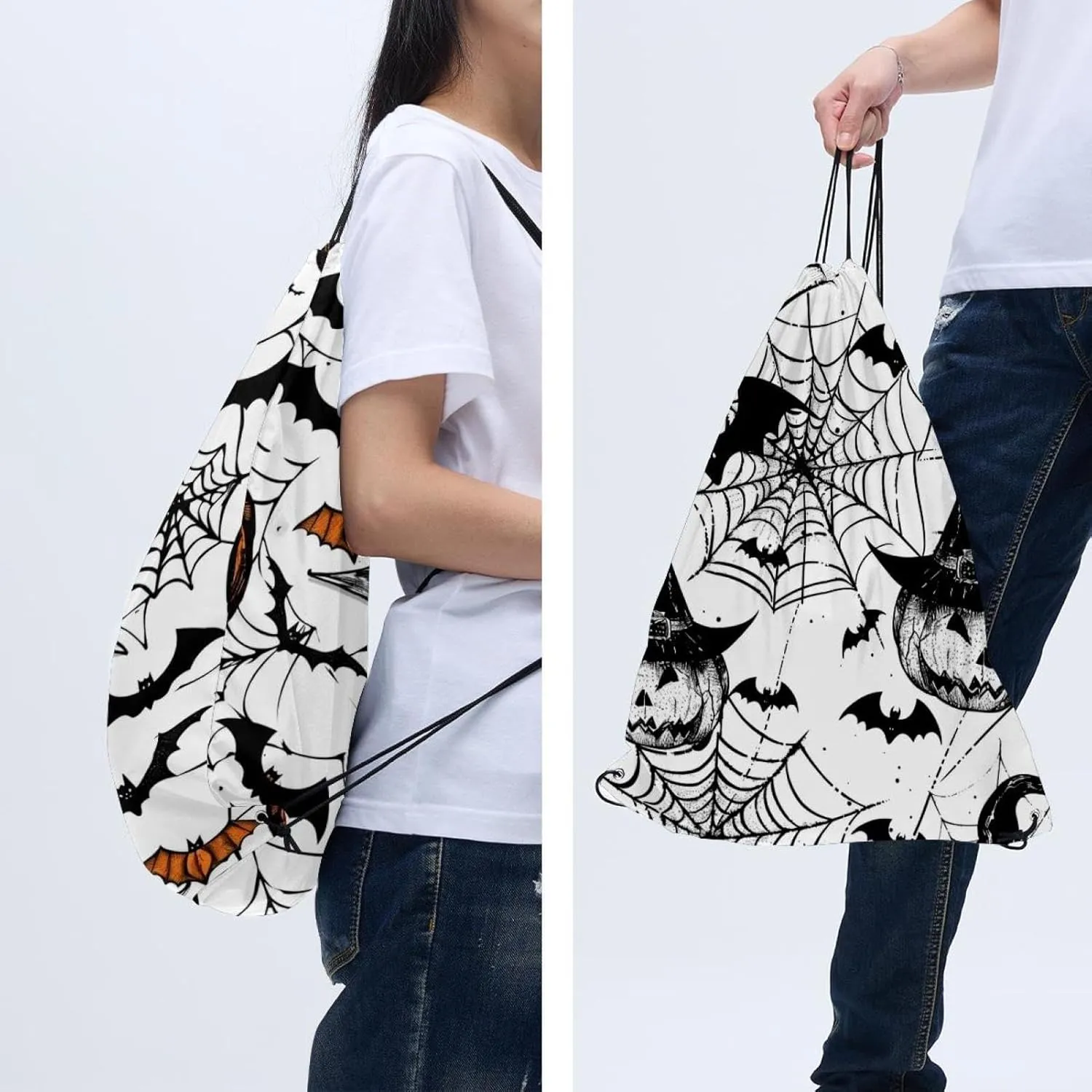 2 Pcs Orange Pumpkins Spider Webs Bats 1 Drawstring Backpack String Bag Sports Sack pack Gym Sack Side Pocket for Men Women