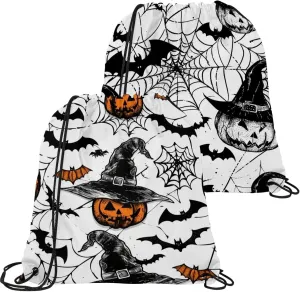 2 Pcs Orange Pumpkins Spider Webs Bats 1 Drawstring Backpack String Bag Sports Sack pack Gym Sack Side Pocket for Men Women