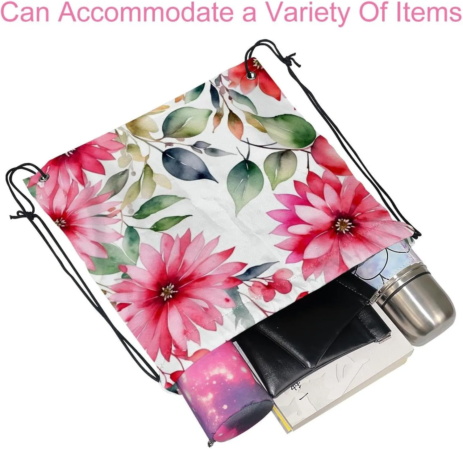 2 Pcs Pink Flowers with Leaves Drawstring Backpack String Bag Sports Sack pack Gym Sack Side Pocket for Men Women
