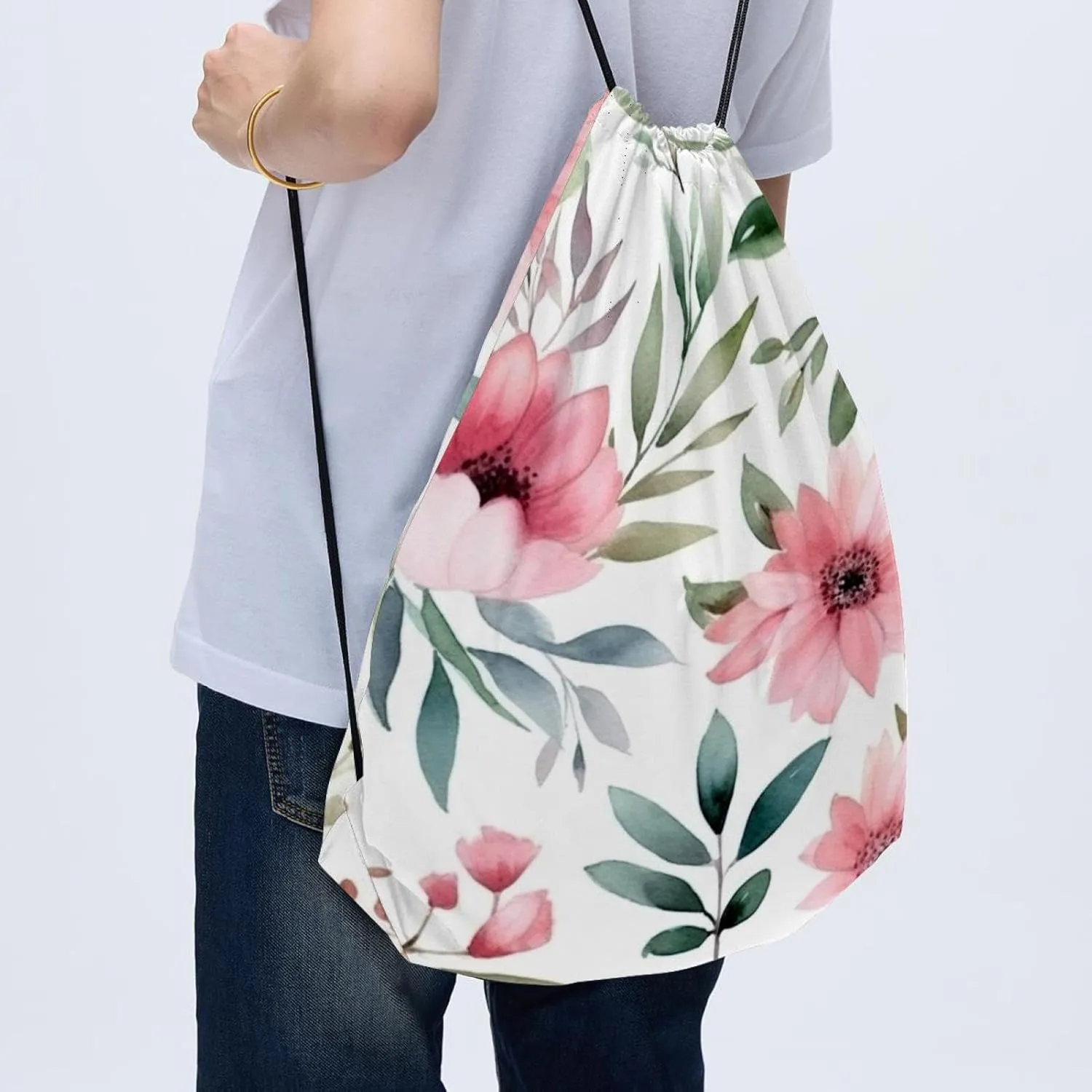 2 Pcs Pink Flowers with Leaves Drawstring Backpack String Bag Sports Sack pack Gym Sack Side Pocket for Men Women
