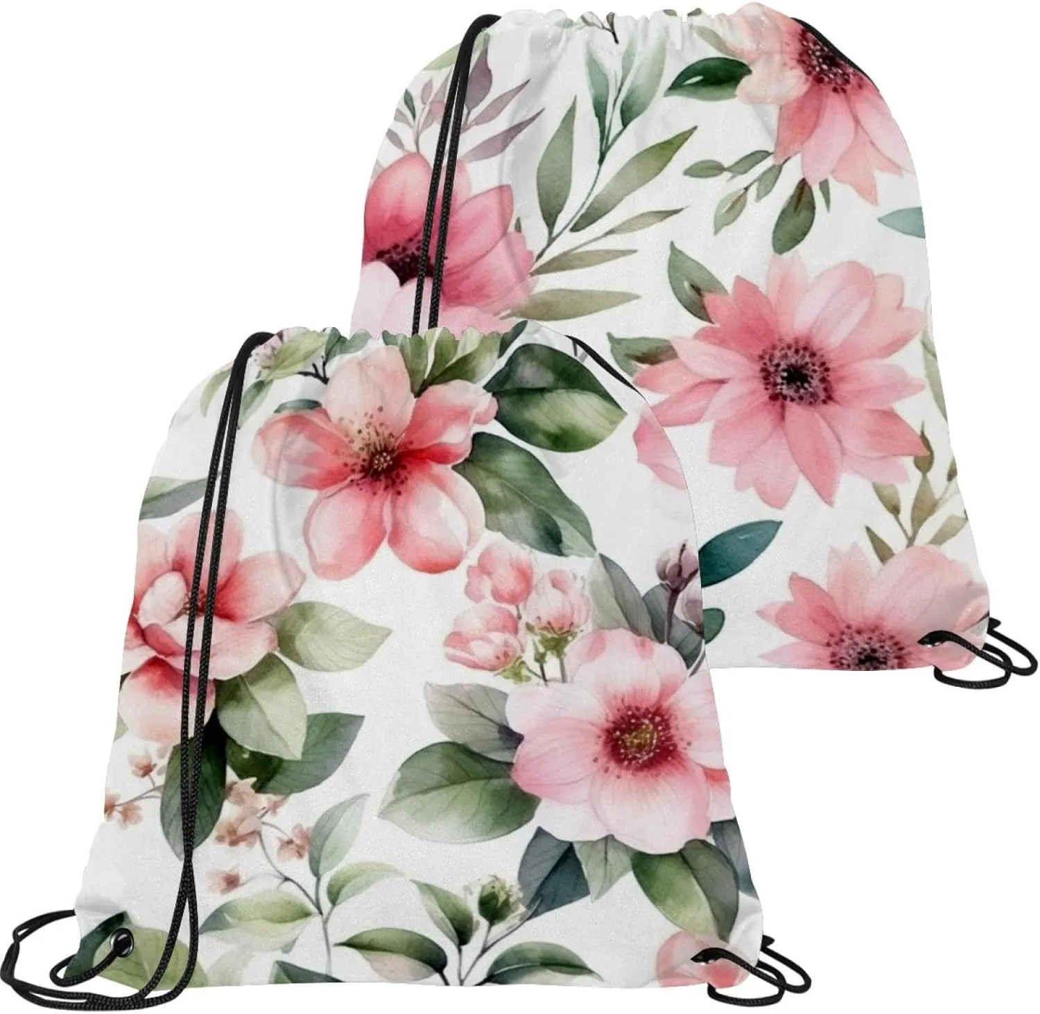 2 Pcs Pink Flowers with Leaves Drawstring Backpack String Bag Sports Sack pack Gym Sack Side Pocket for Men Women