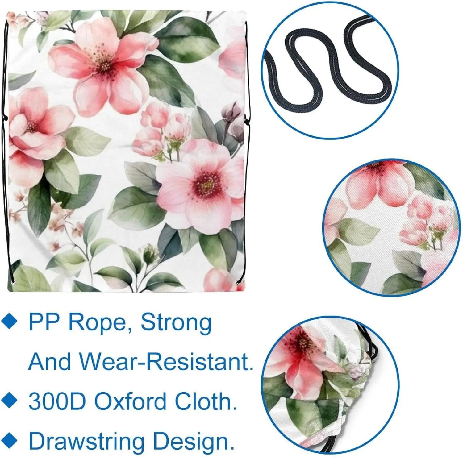 2 Pcs Pink Flowers with Leaves Drawstring Backpack String Bag Sports Sack pack Gym Sack Side Pocket for Men Women