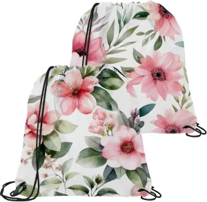 2 Pcs Pink Flowers with Leaves Drawstring Backpack String Bag Sports Sack pack Gym Sack Side Pocket for Men Women