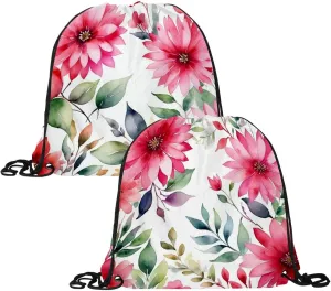 2 Pcs Pink Flowers with Leaves Drawstring Backpack String Bag Sports Sack pack Gym Sack Side Pocket for Men Women