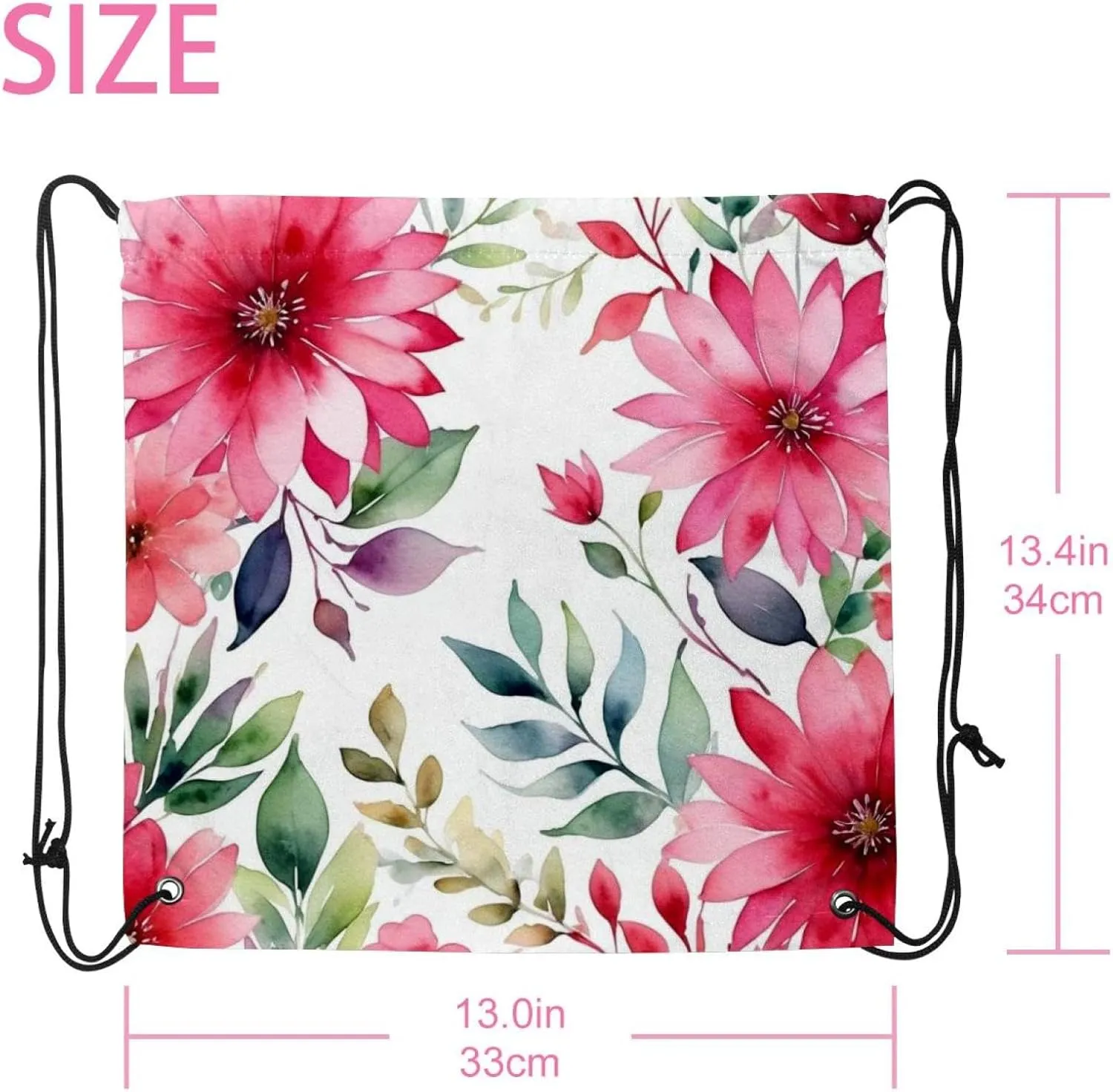 2 Pcs Pink Flowers with Leaves Drawstring Backpack String Bag Sports Sack pack Gym Sack Side Pocket for Men Women