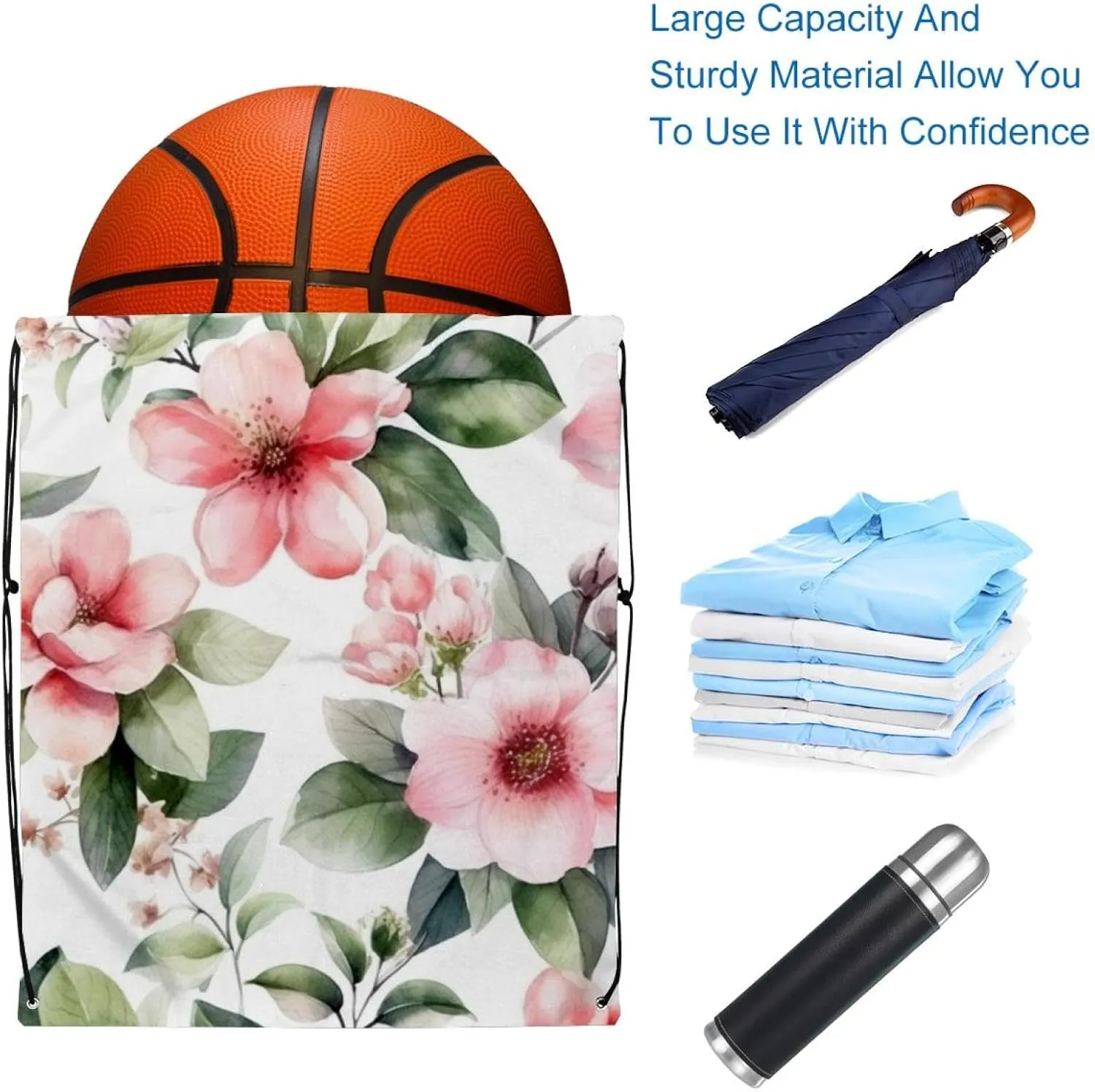 2 Pcs Pink Flowers with Leaves Drawstring Backpack String Bag Sports Sack pack Gym Sack Side Pocket for Men Women