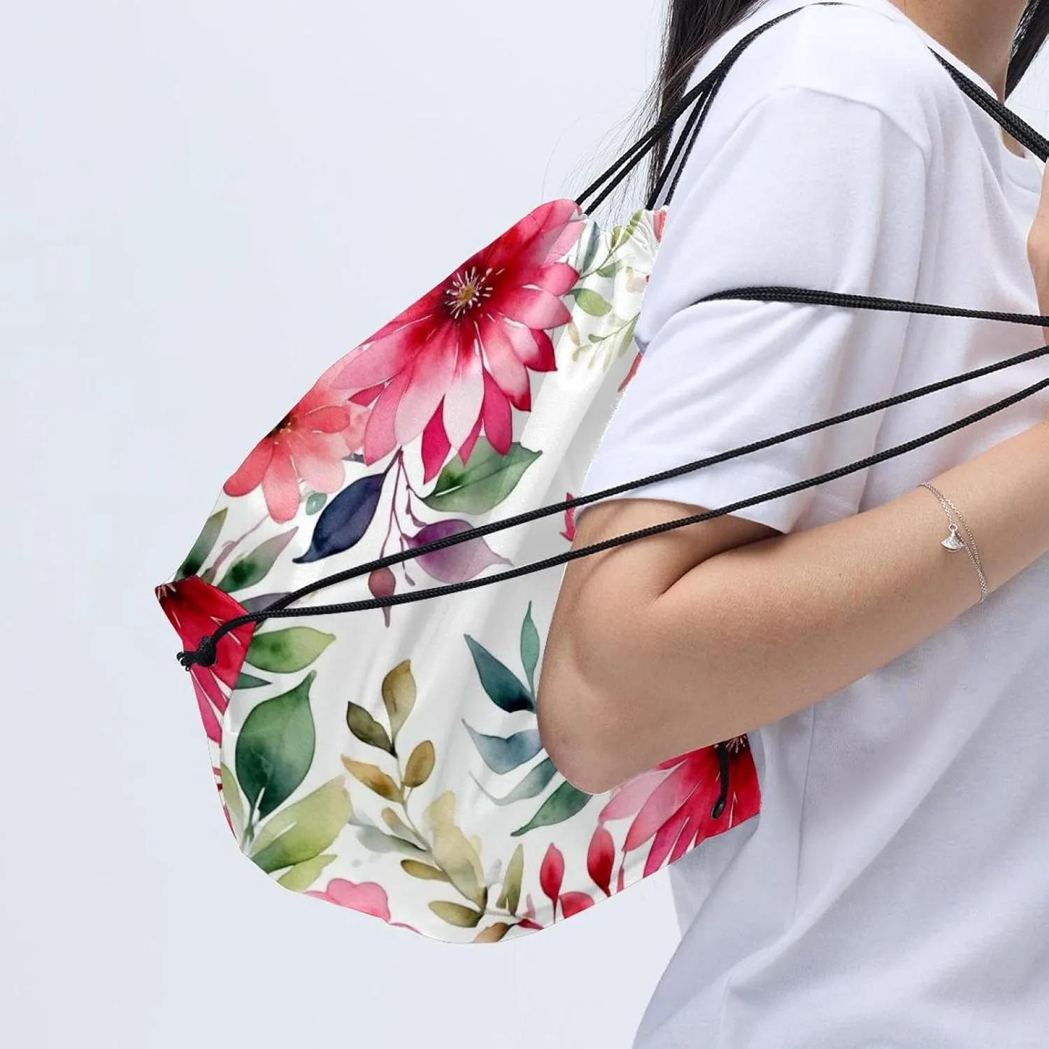 2 Pcs Pink Flowers with Leaves Drawstring Backpack String Bag Sports Sack pack Gym Sack Side Pocket for Men Women