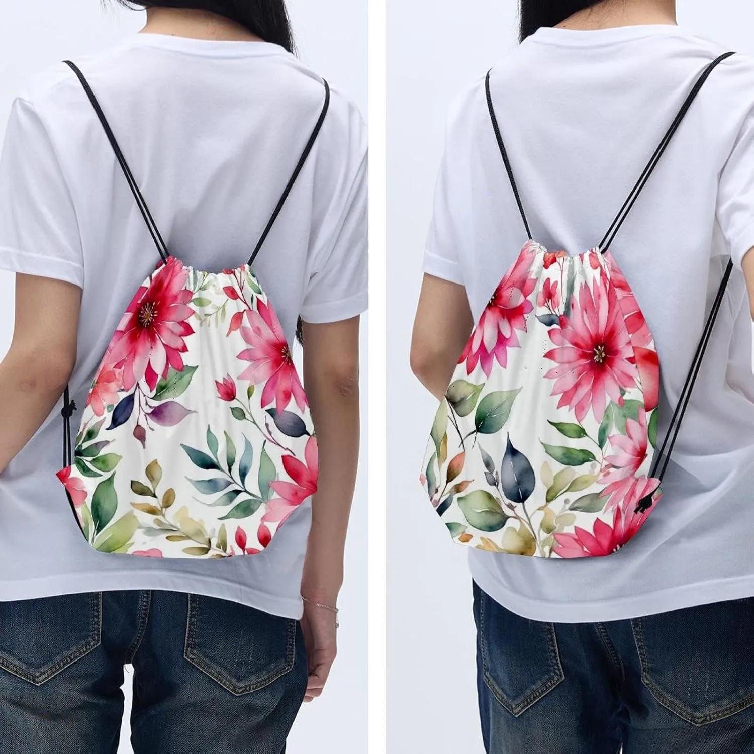 2 Pcs Pink Flowers with Leaves Drawstring Backpack String Bag Sports Sack pack Gym Sack Side Pocket for Men Women