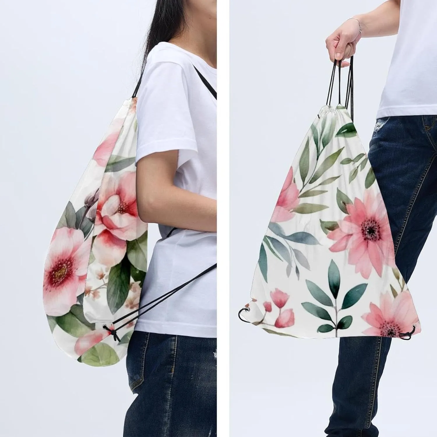 2 Pcs Pink Flowers with Leaves Drawstring Backpack String Bag Sports Sack pack Gym Sack Side Pocket for Men Women