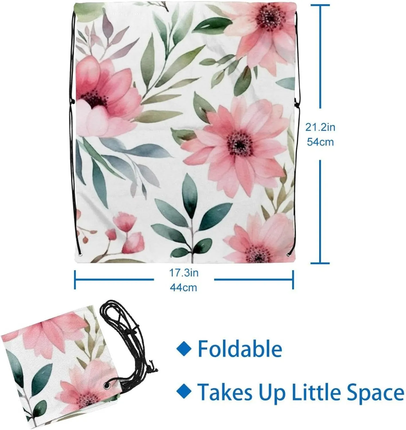 2 Pcs Pink Flowers with Leaves Drawstring Backpack String Bag Sports Sack pack Gym Sack Side Pocket for Men Women