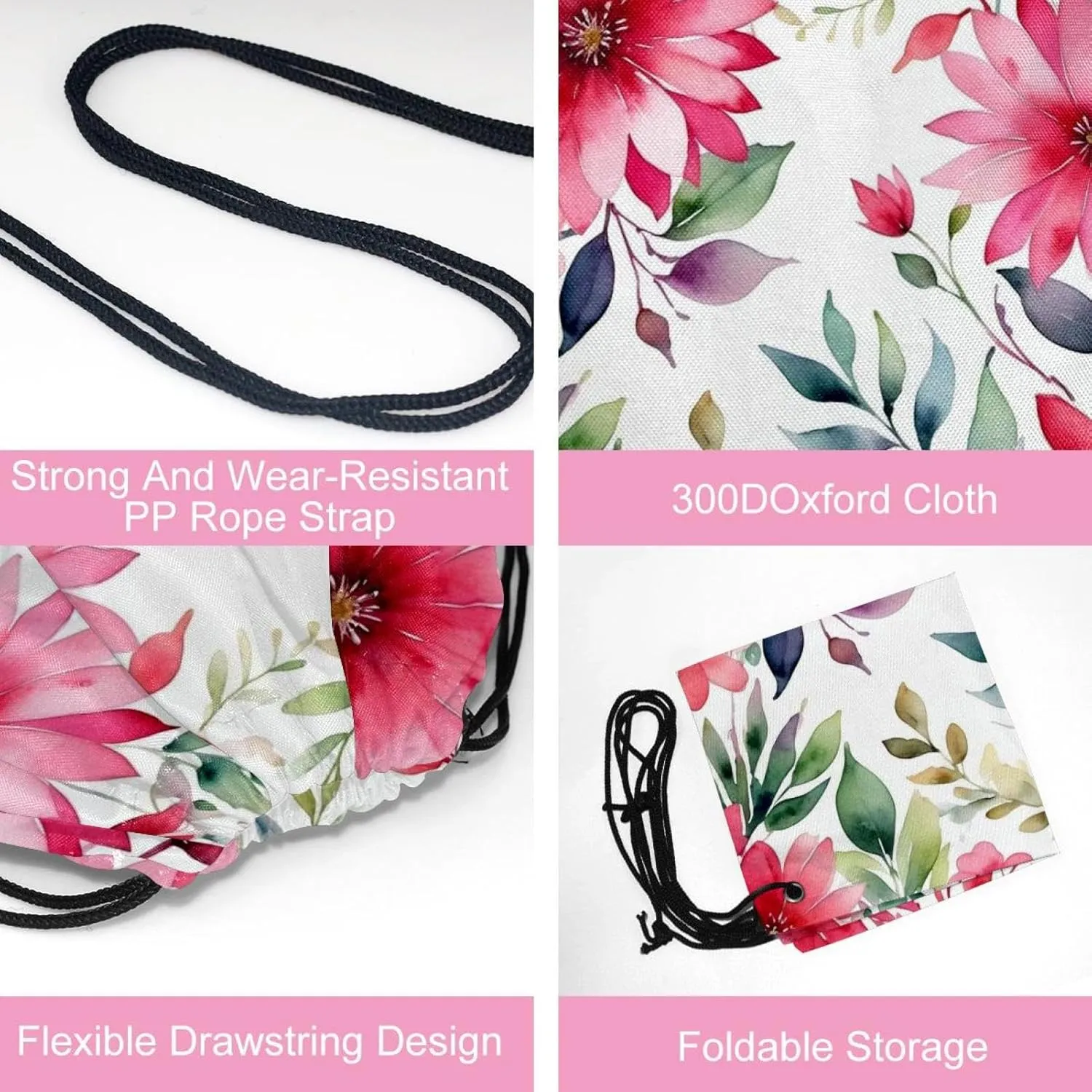2 Pcs Pink Flowers with Leaves Drawstring Backpack String Bag Sports Sack pack Gym Sack Side Pocket for Men Women