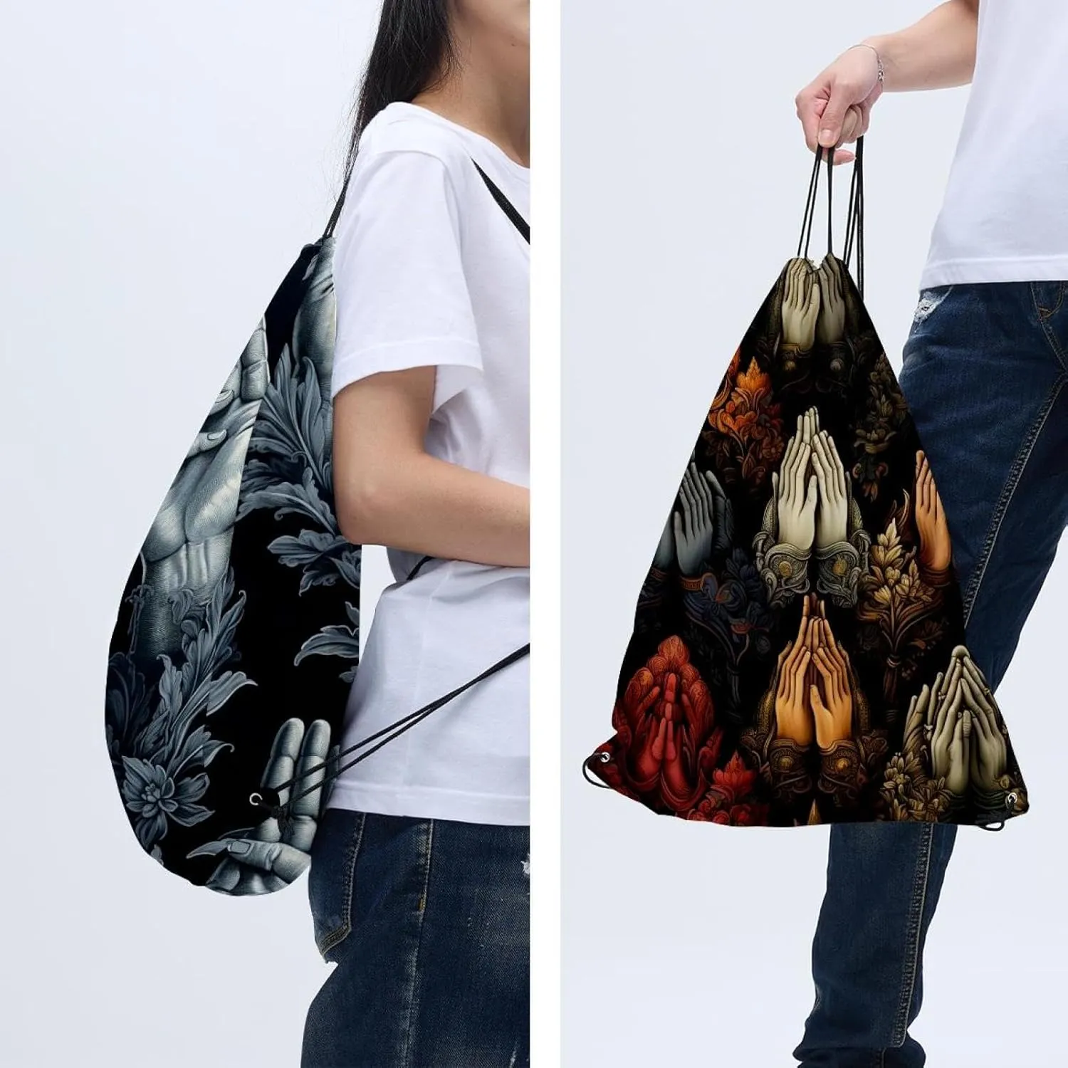 2 Pcs Praying hands Drawstring Backpack String Bag Sports Sack pack Gym Sack Side Pocket for Men Women