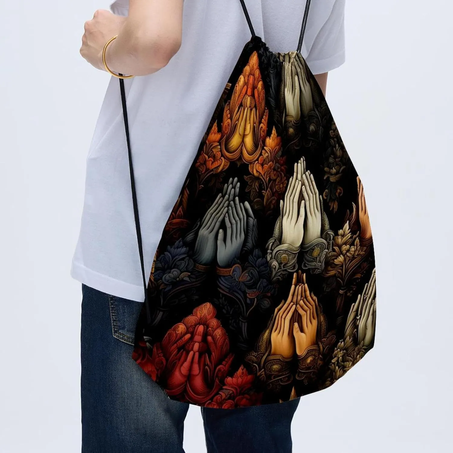2 Pcs Praying hands Drawstring Backpack String Bag Sports Sack pack Gym Sack Side Pocket for Men Women