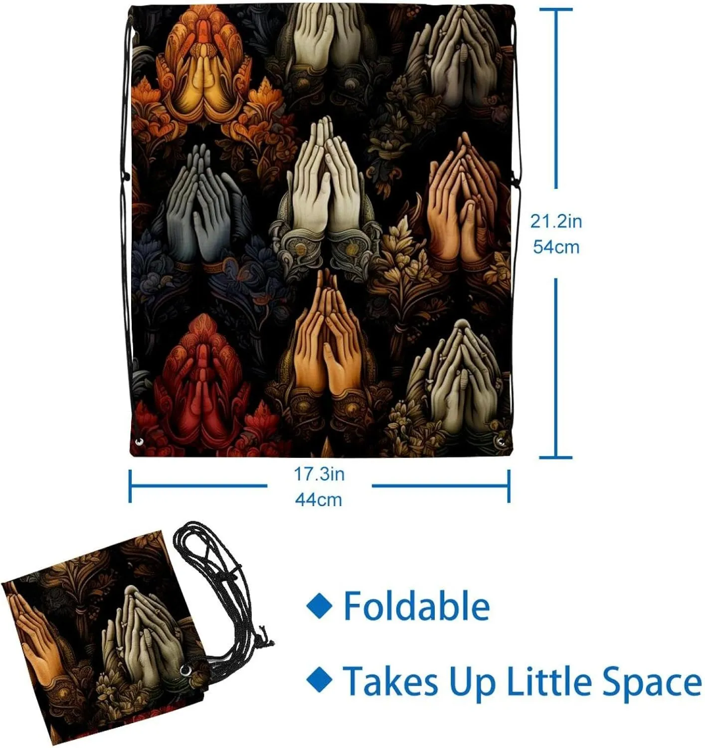 2 Pcs Praying hands Drawstring Backpack String Bag Sports Sack pack Gym Sack Side Pocket for Men Women