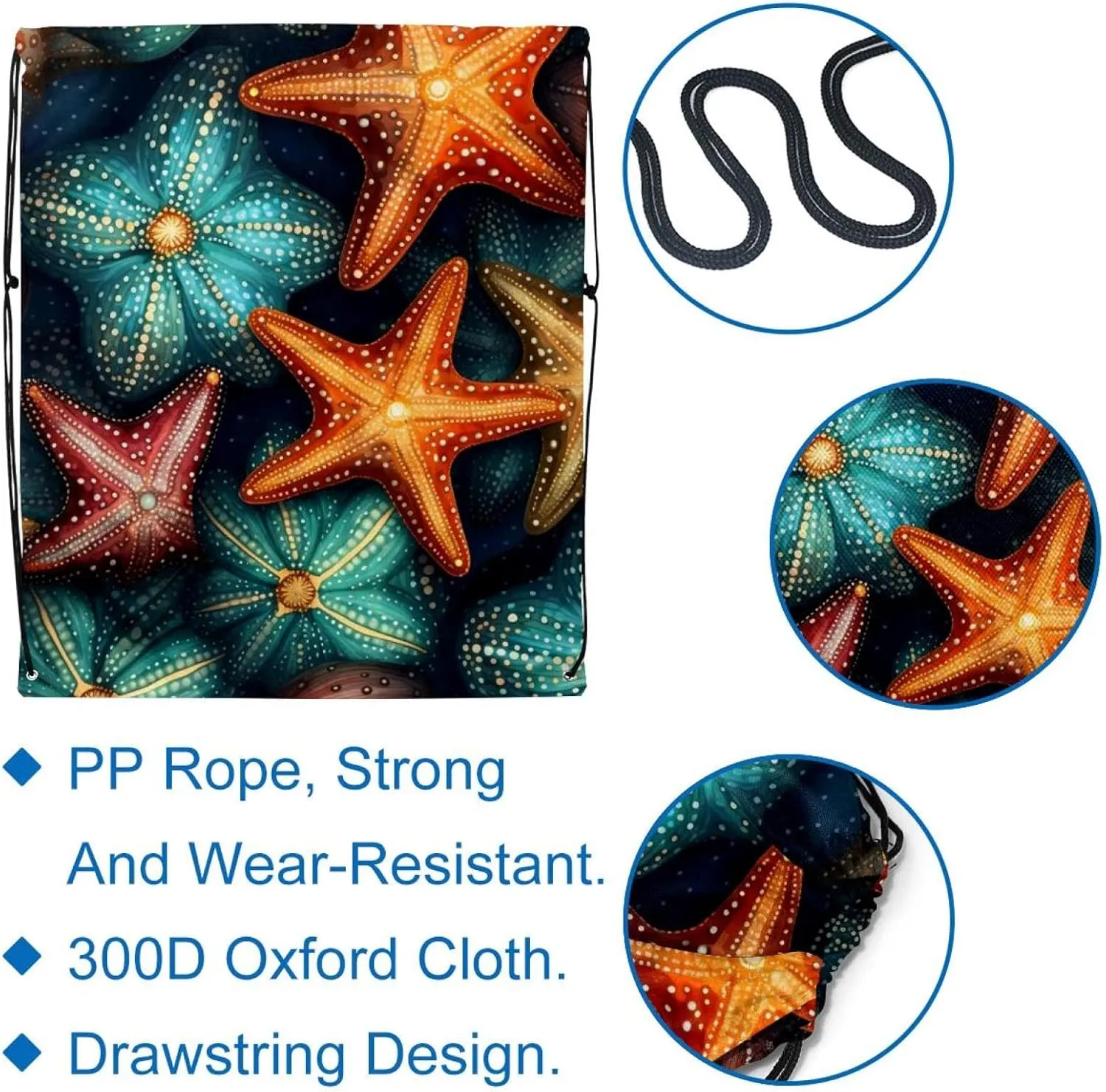 2 Pcs Starfish Drawstring Backpack String Bag Sports Sack pack Gym Sack Side Pocket for Men Women