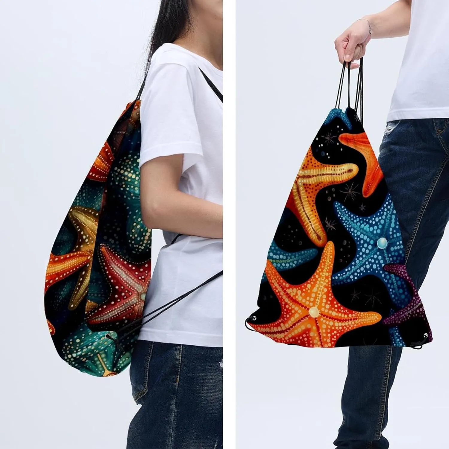 2 Pcs Starfish Drawstring Backpack String Bag Sports Sack pack Gym Sack Side Pocket for Men Women