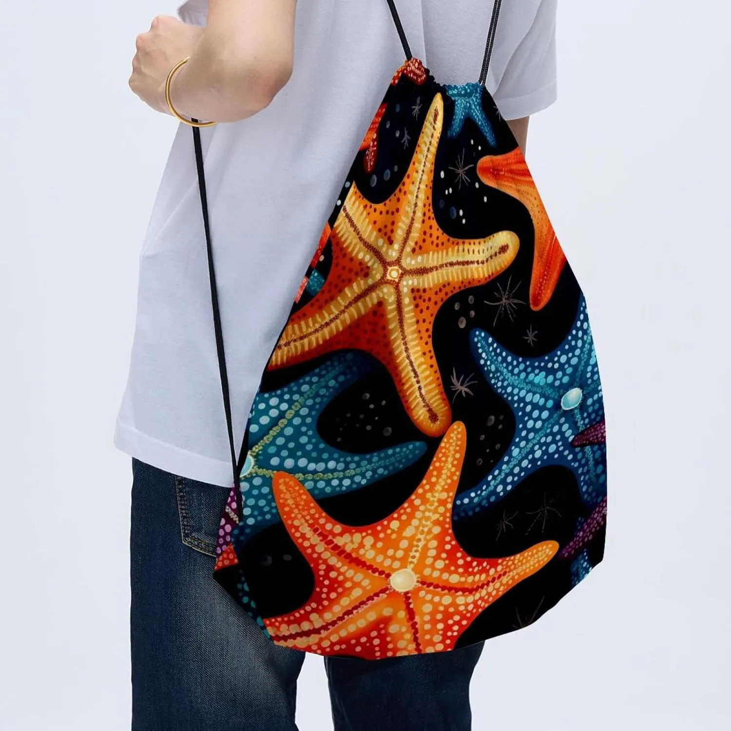 2 Pcs Starfish Drawstring Backpack String Bag Sports Sack pack Gym Sack Side Pocket for Men Women