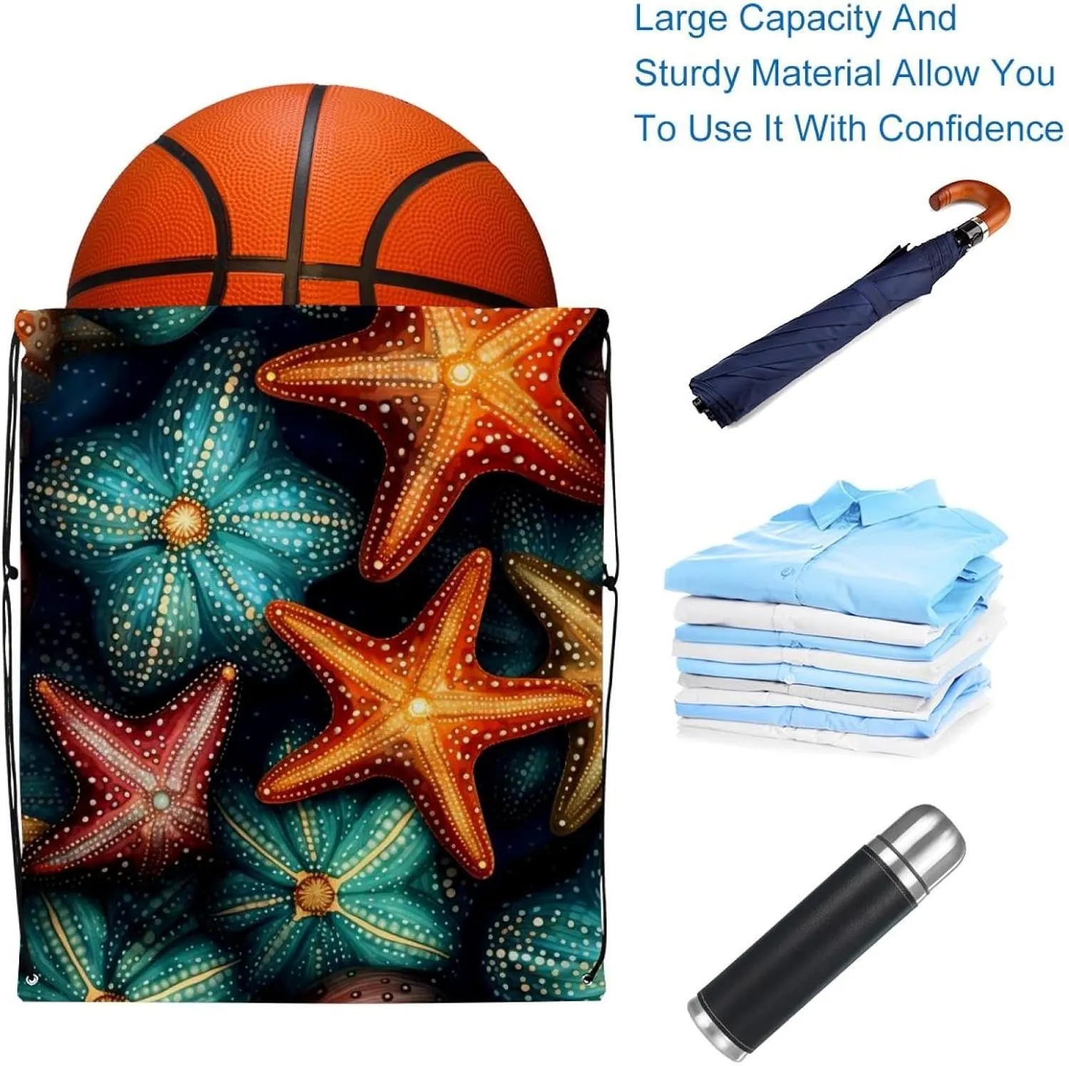 2 Pcs Starfish Drawstring Backpack String Bag Sports Sack pack Gym Sack Side Pocket for Men Women