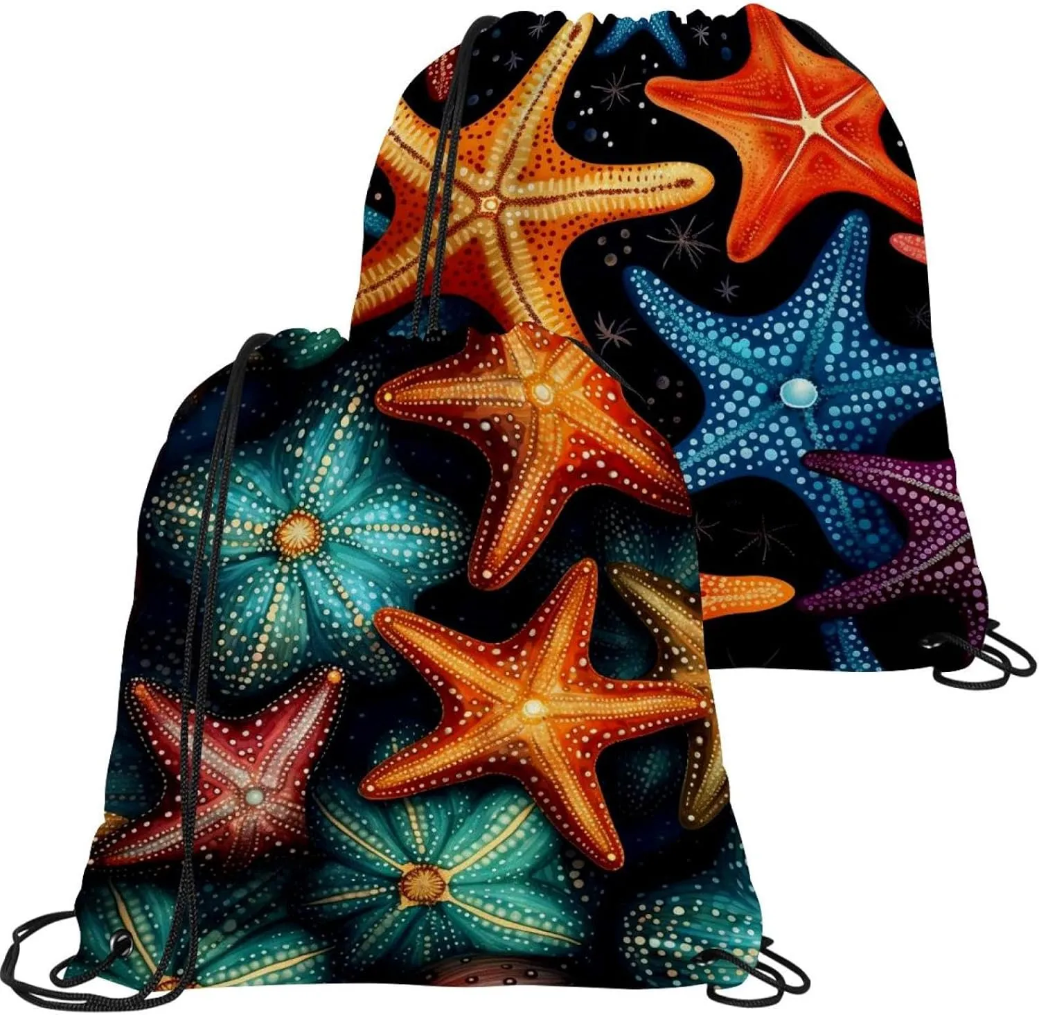 2 Pcs Starfish Drawstring Backpack String Bag Sports Sack pack Gym Sack Side Pocket for Men Women