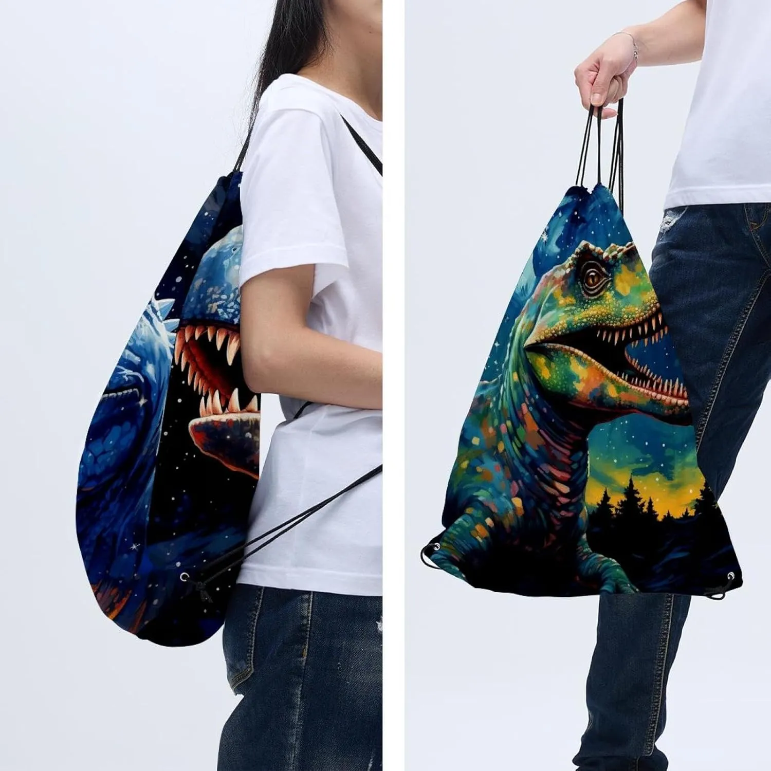 2 Pcs Starry Dinosaur Drawstring Backpack String Bag Sports Sack pack Gym Sack Side Pocket for Men Women