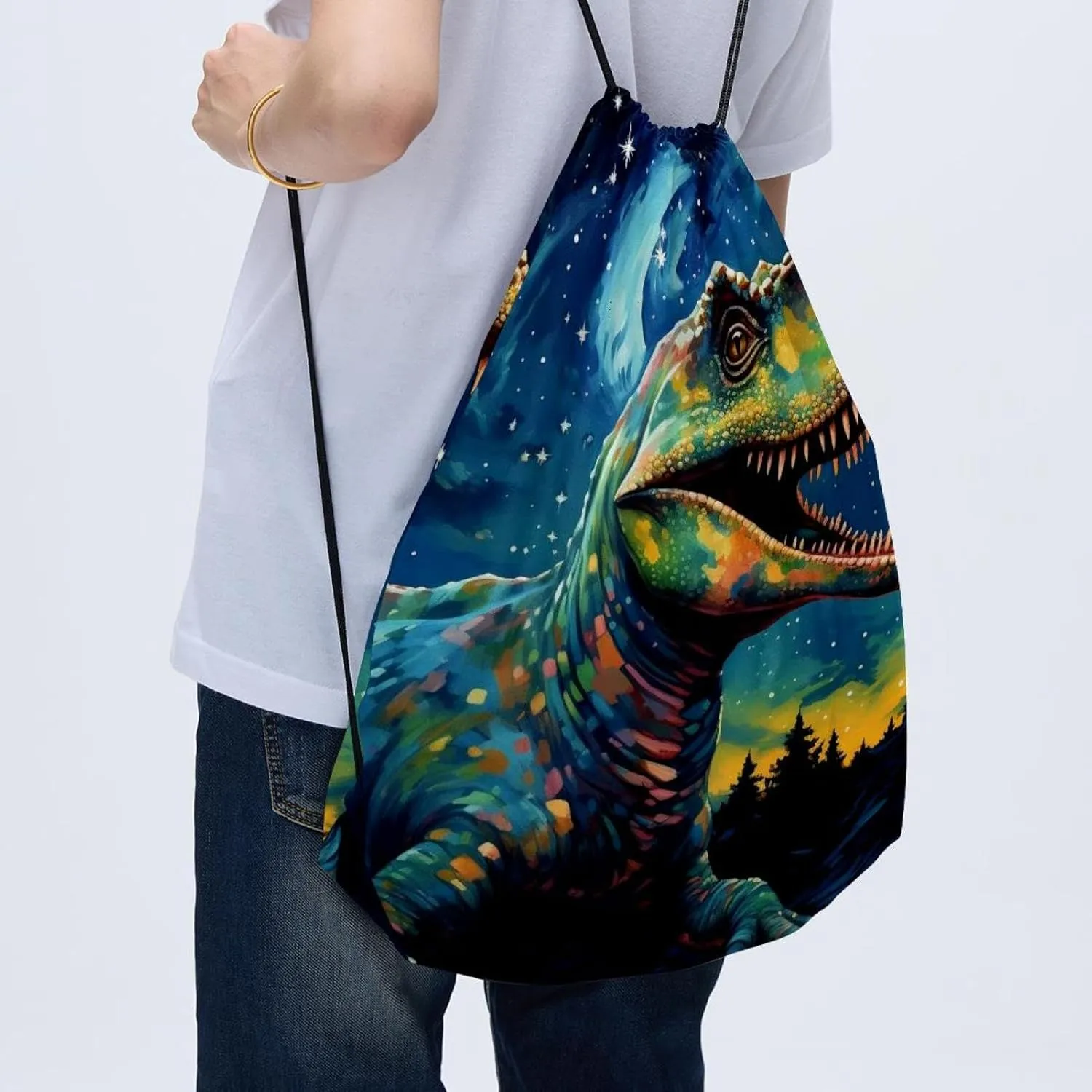 2 Pcs Starry Dinosaur Drawstring Backpack String Bag Sports Sack pack Gym Sack Side Pocket for Men Women