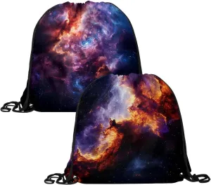 2 Pcs Stars Nebula Drawstring Backpack String Bag Sports Sack pack Gym Sack Side Pocket for Men Women