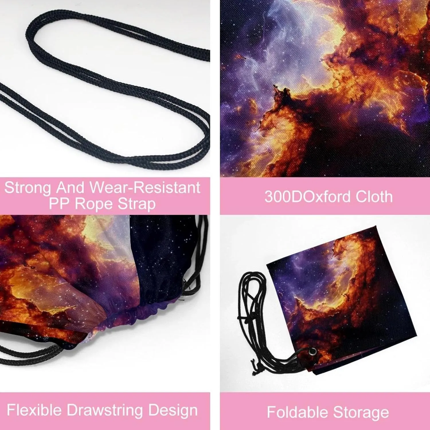 2 Pcs Stars Nebula Drawstring Backpack String Bag Sports Sack pack Gym Sack Side Pocket for Men Women