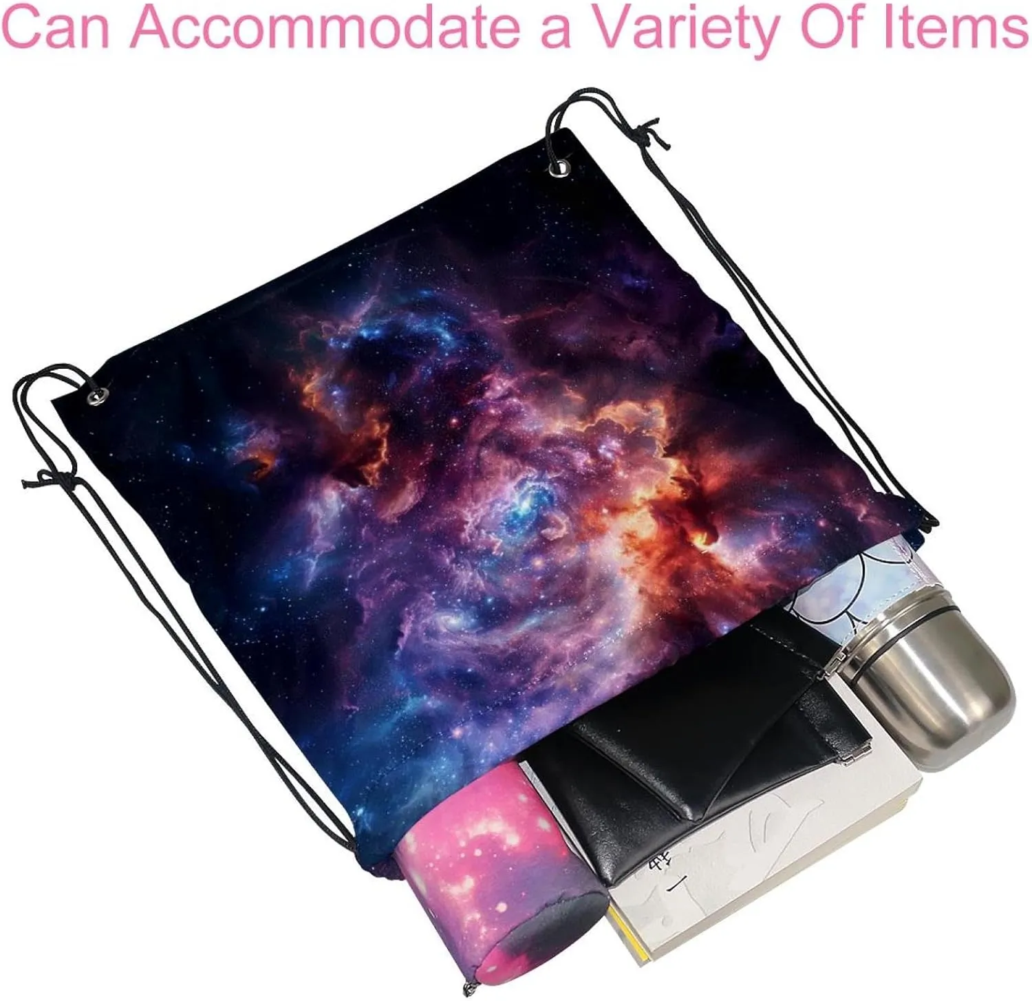 2 Pcs Stars Nebula Drawstring Backpack String Bag Sports Sack pack Gym Sack Side Pocket for Men Women