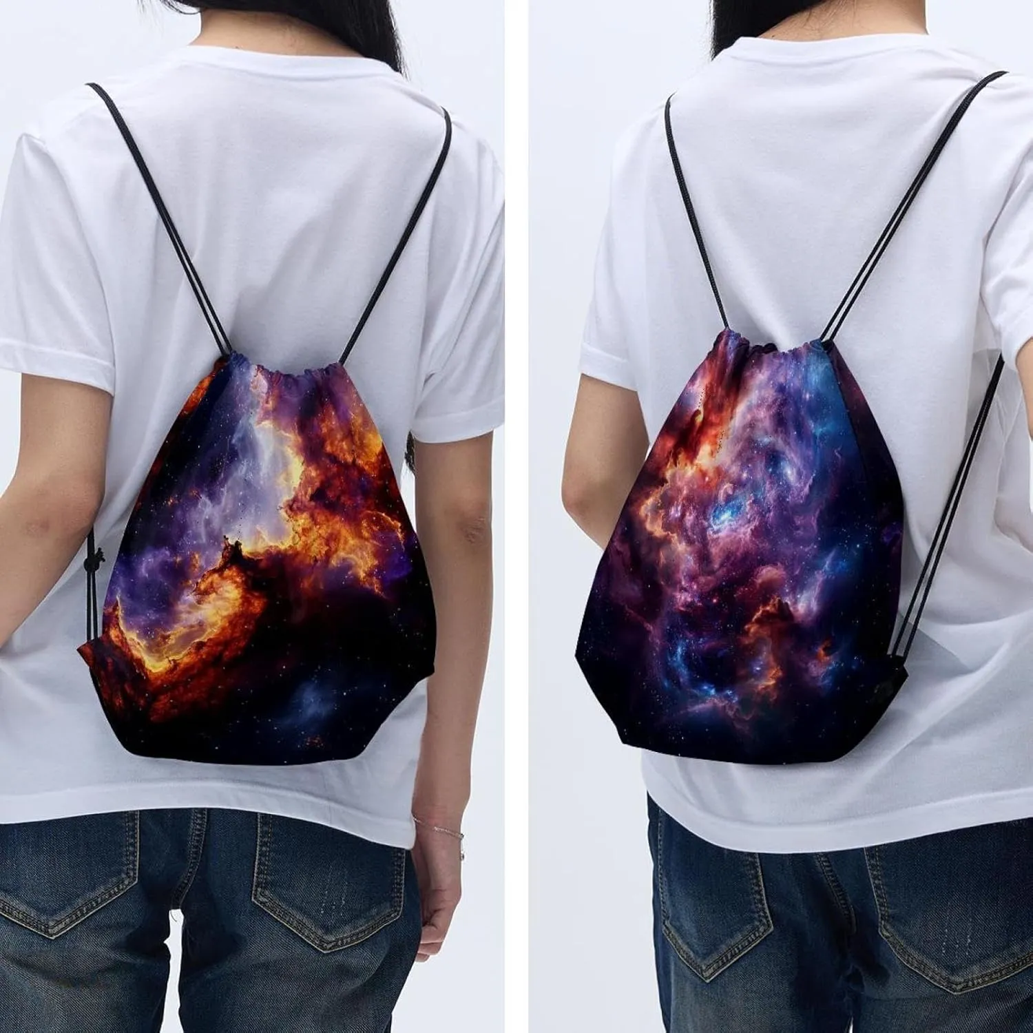 2 Pcs Stars Nebula Drawstring Backpack String Bag Sports Sack pack Gym Sack Side Pocket for Men Women