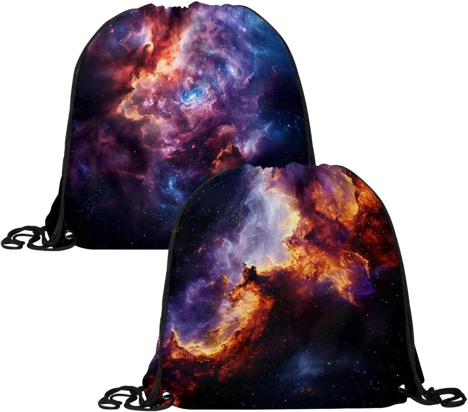 2 Pcs Stars Nebula Drawstring Backpack String Bag Sports Sack pack Gym Sack Side Pocket for Men Women