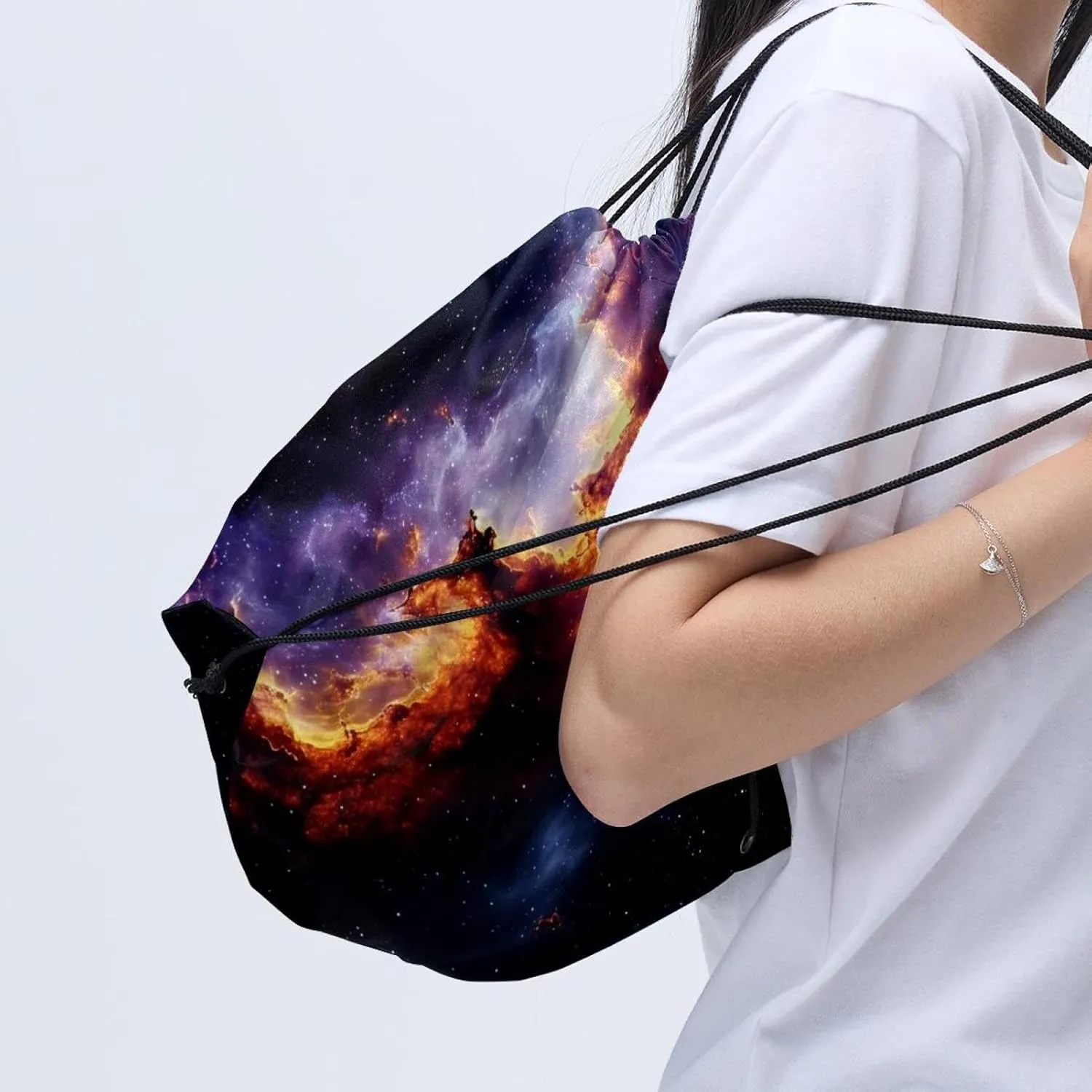 2 Pcs Stars Nebula Drawstring Backpack String Bag Sports Sack pack Gym Sack Side Pocket for Men Women