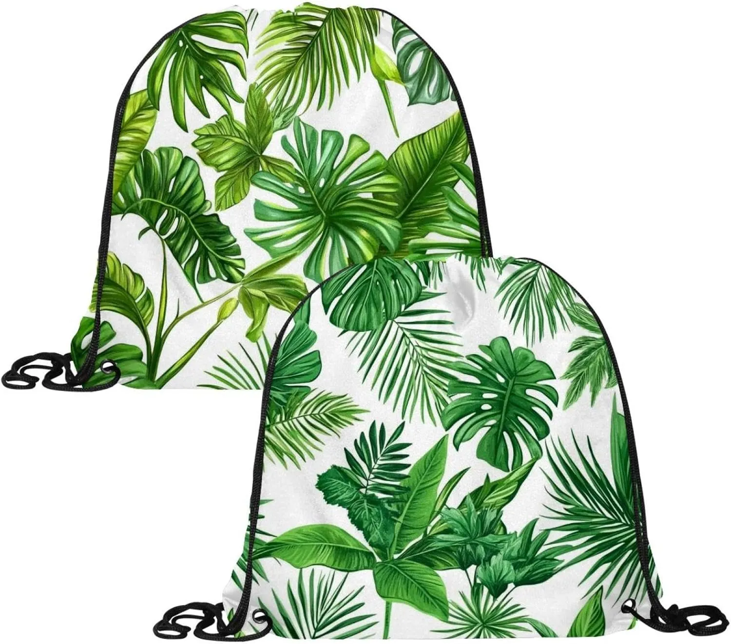 2 Pcs tropical plants and palm tree 2 Drawstring Backpack String Bag Sports Sack pack Gym Sack Side Pocket for Men Women