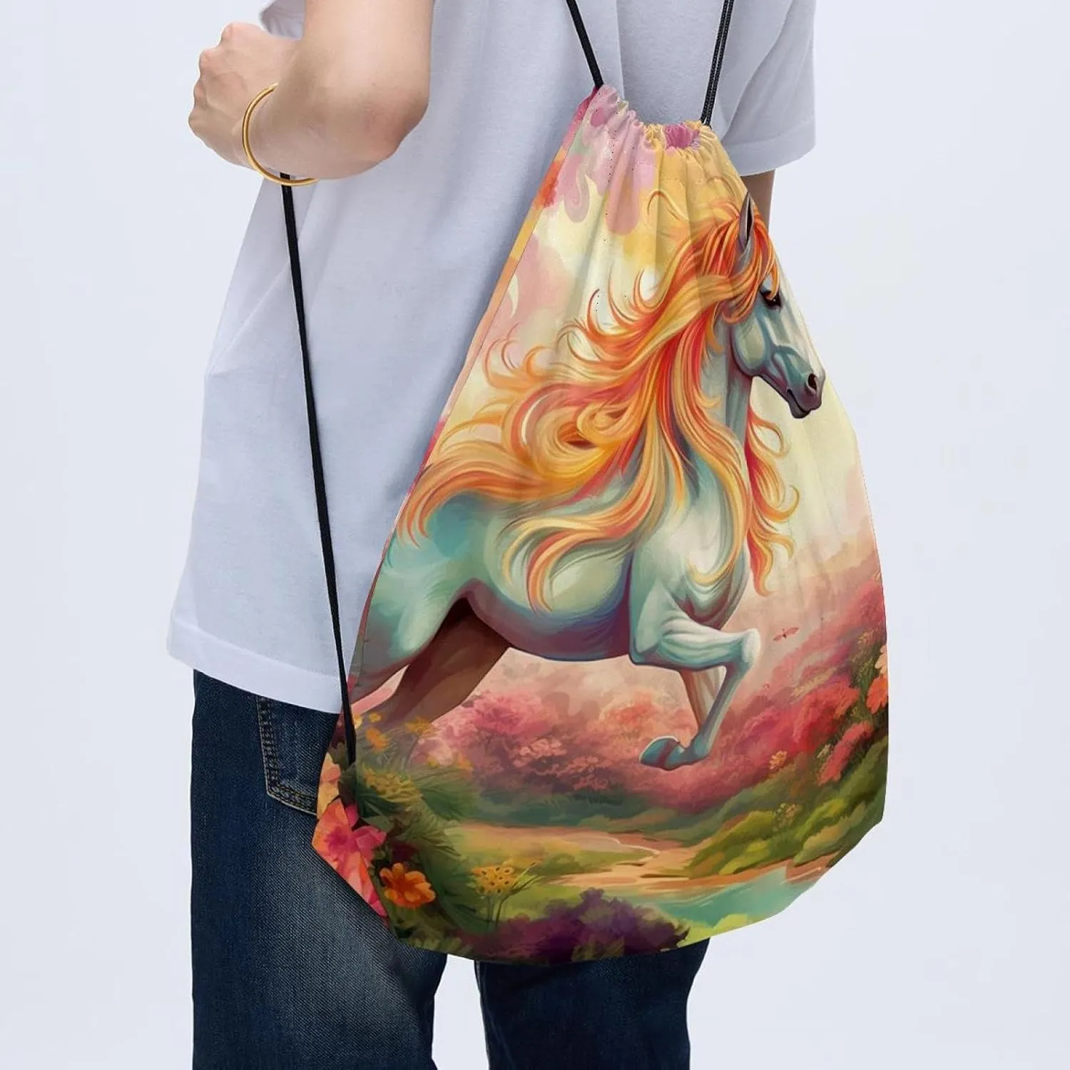 2 Pcs Unicorn Drawstring Backpack String Bag Sports Sack pack Gym Sack Side Pocket for Men Women