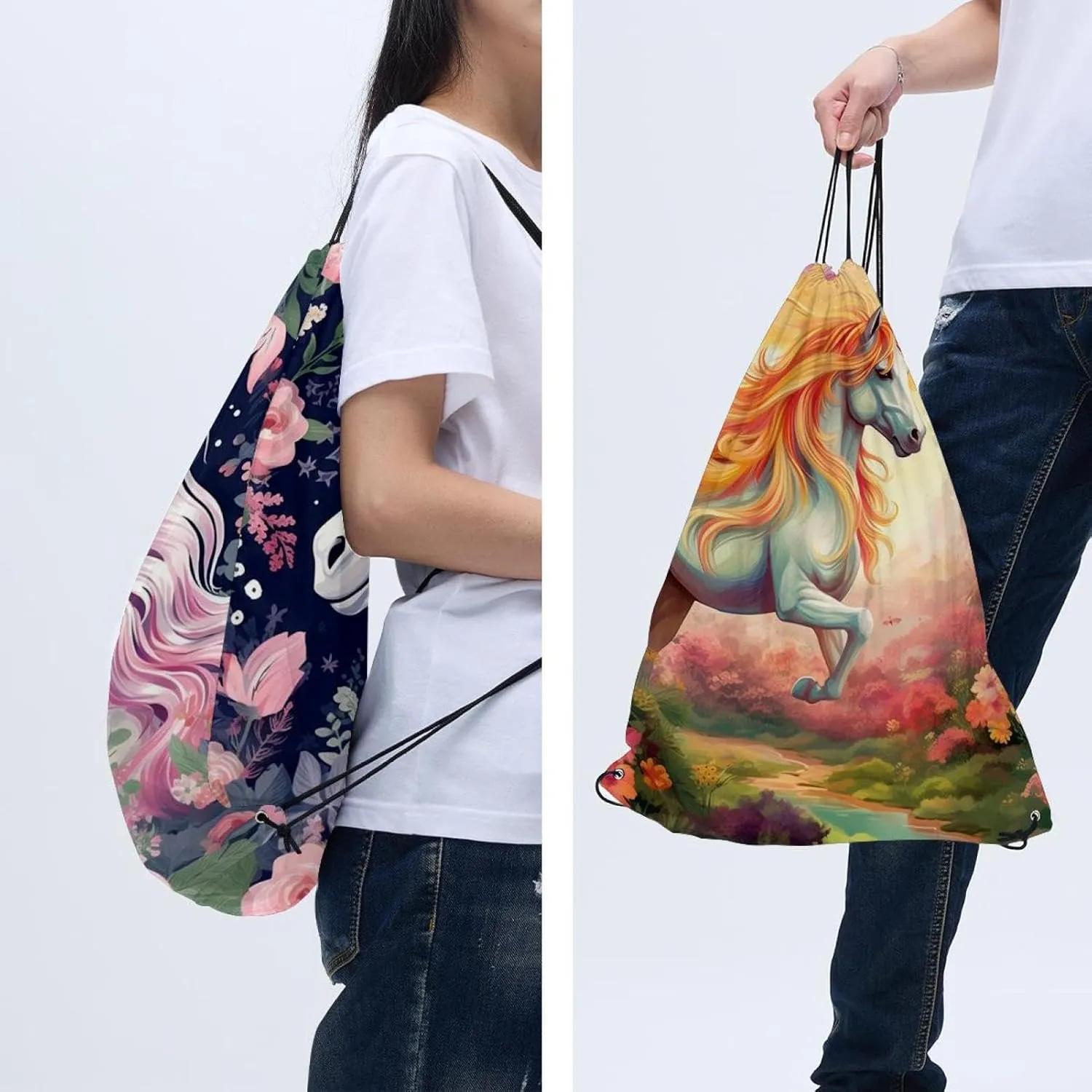 2 Pcs Unicorn Drawstring Backpack String Bag Sports Sack pack Gym Sack Side Pocket for Men Women