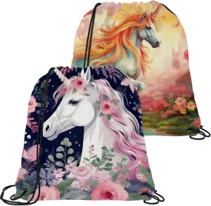 2 Pcs Unicorn Drawstring Backpack String Bag Sports Sack pack Gym Sack Side Pocket for Men Women