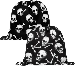 2 Pcs white skulls and bones 1 Drawstring Backpack Bag Sport Gym Sack pack