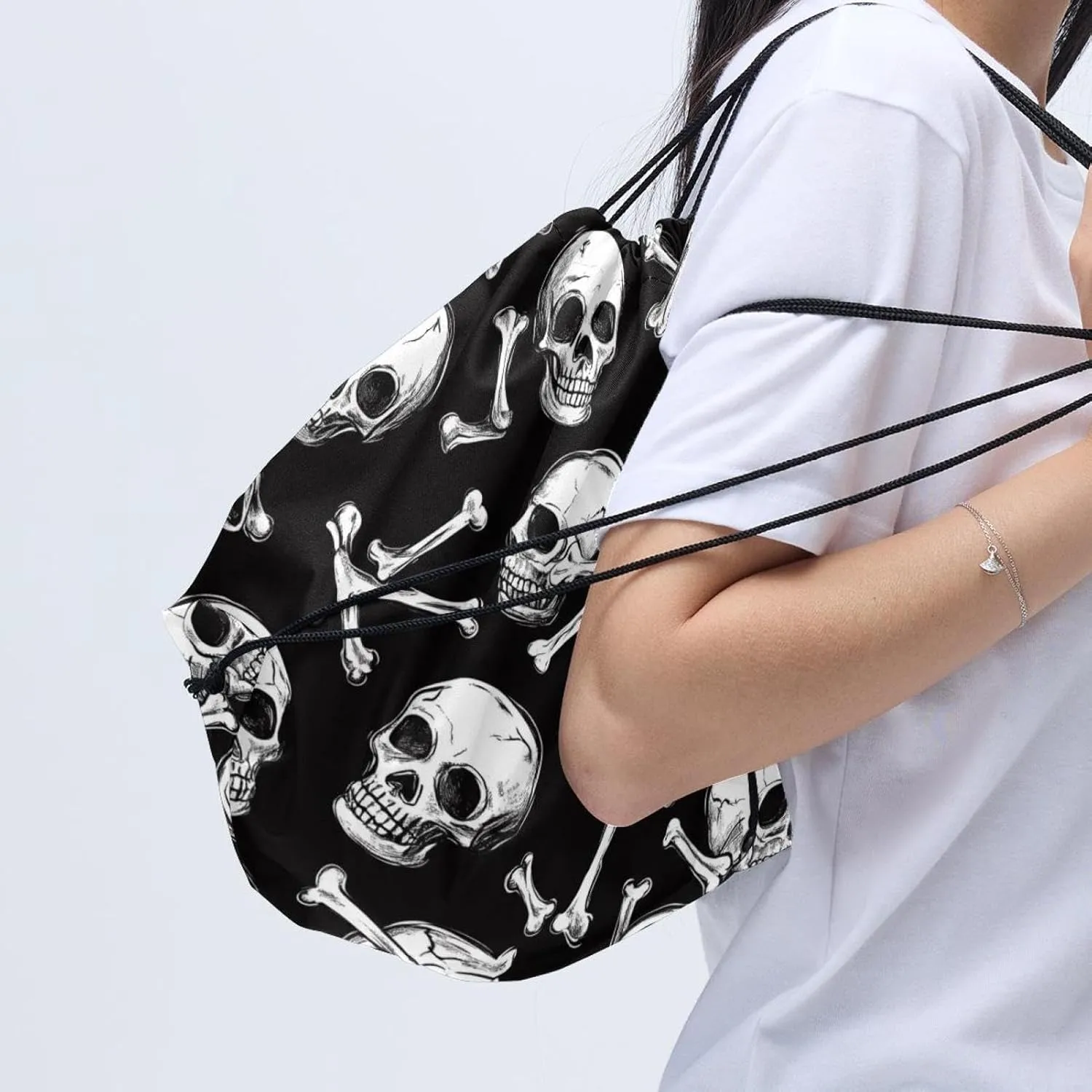 2 Pcs white skulls and bones 1 Drawstring Backpack Bag Sport Gym Sack pack