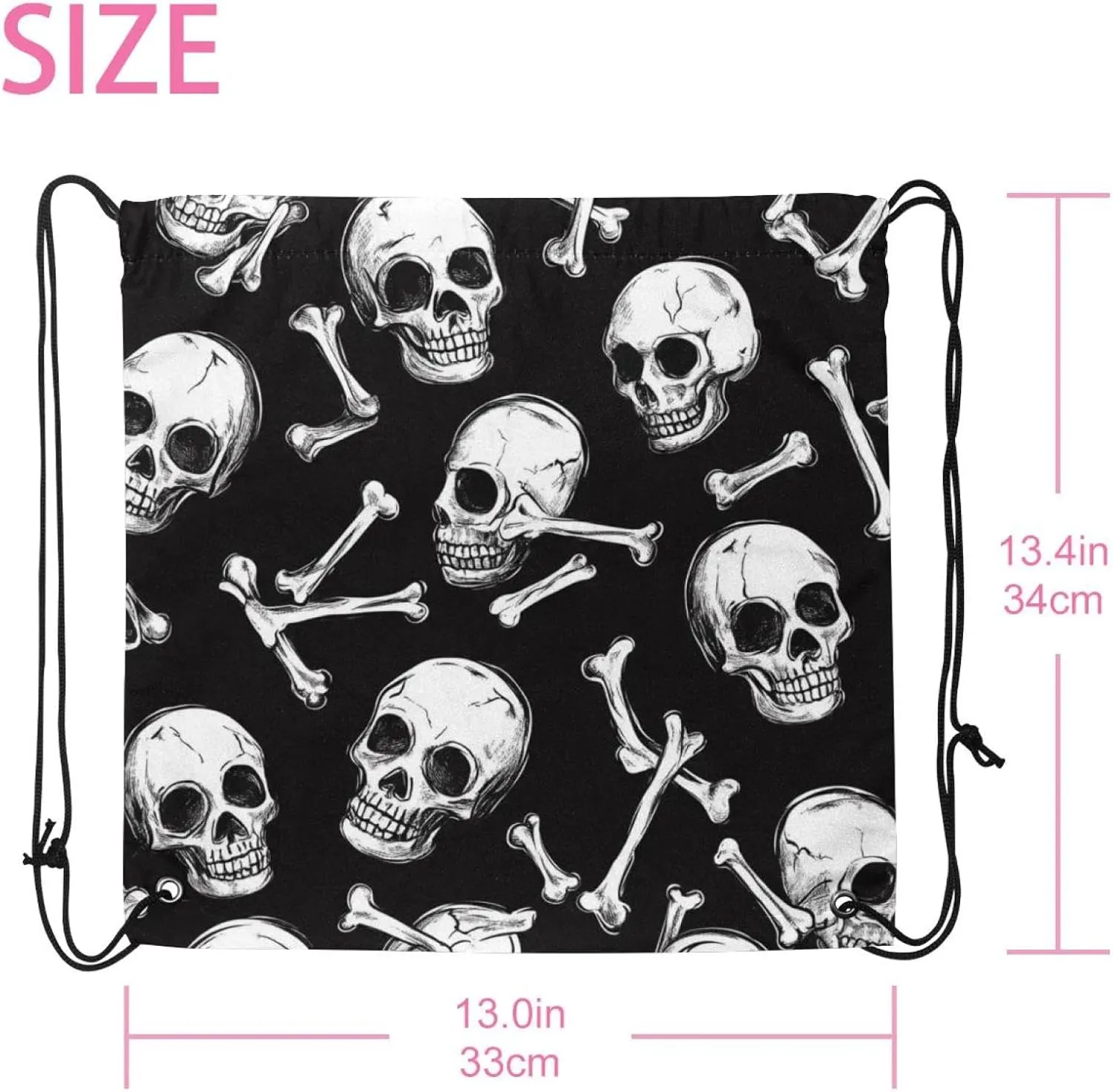 2 Pcs white skulls and bones 1 Drawstring Backpack Bag Sport Gym Sack pack